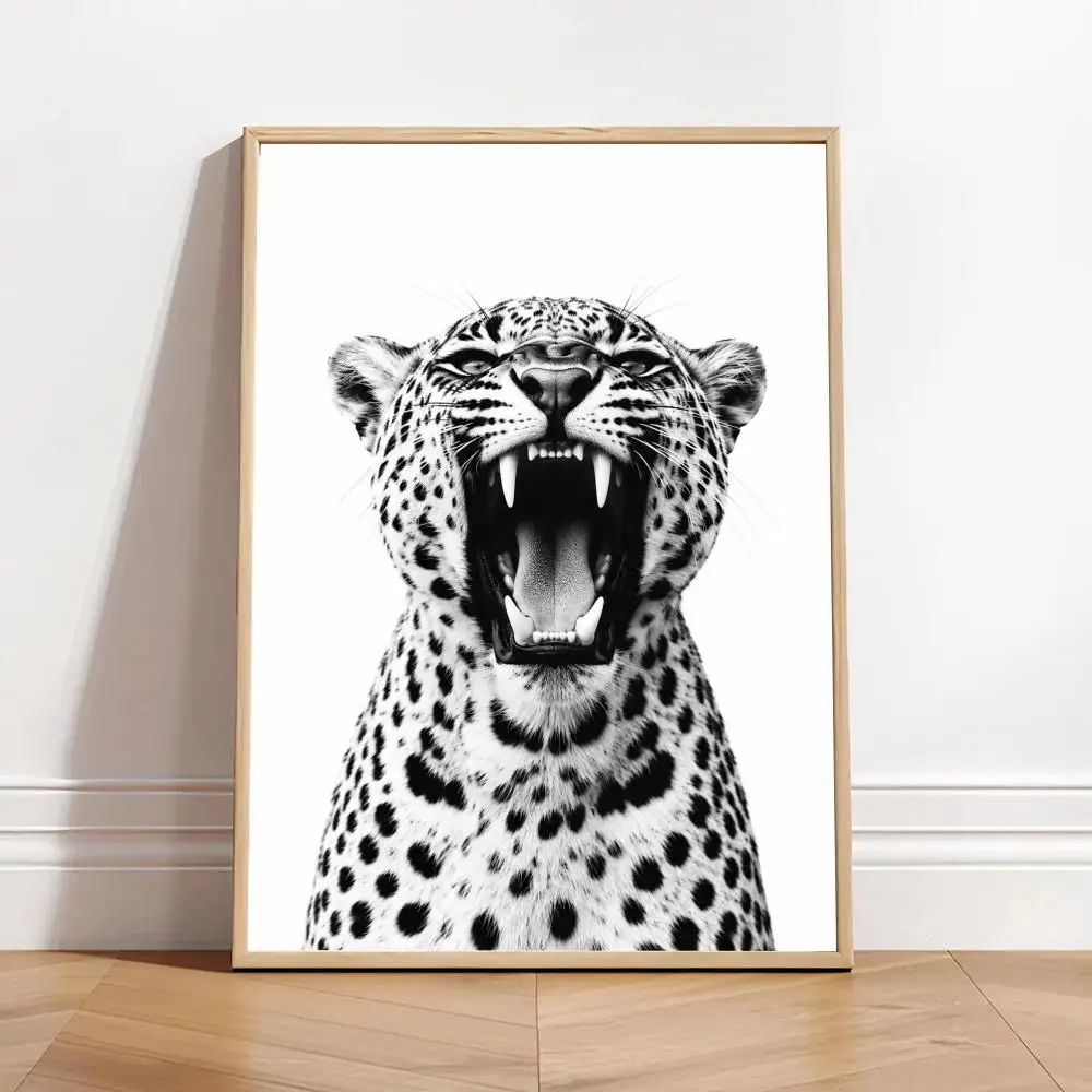 Fashion Leopard Roar Wall Art Stylish Black White Animal Print Poster Modern Home Decor Poster