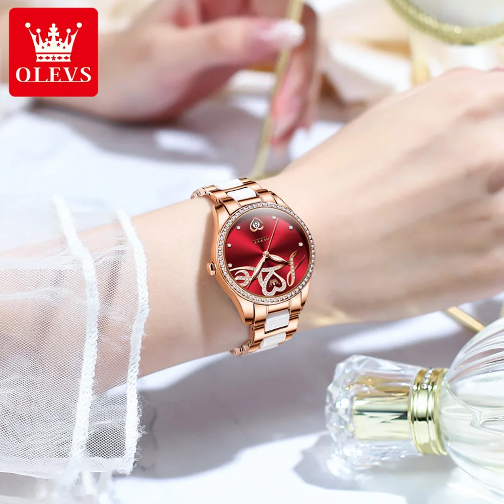 OLEVS 6686 Automatic Mechanical Watch for Women Diamond  “Love” Dial Ceramics Watchband Elegant Ladies Watch Luxury Gift Set