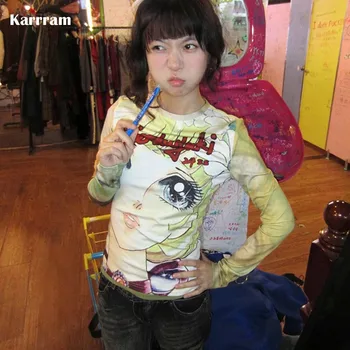 Karrram Japanse Y2k Anime Print T-shirt 2000s Esthetiek Lange Mouw T-shirt Vintage Harajuku Slim Tops Kawaii Lolita T-shirt