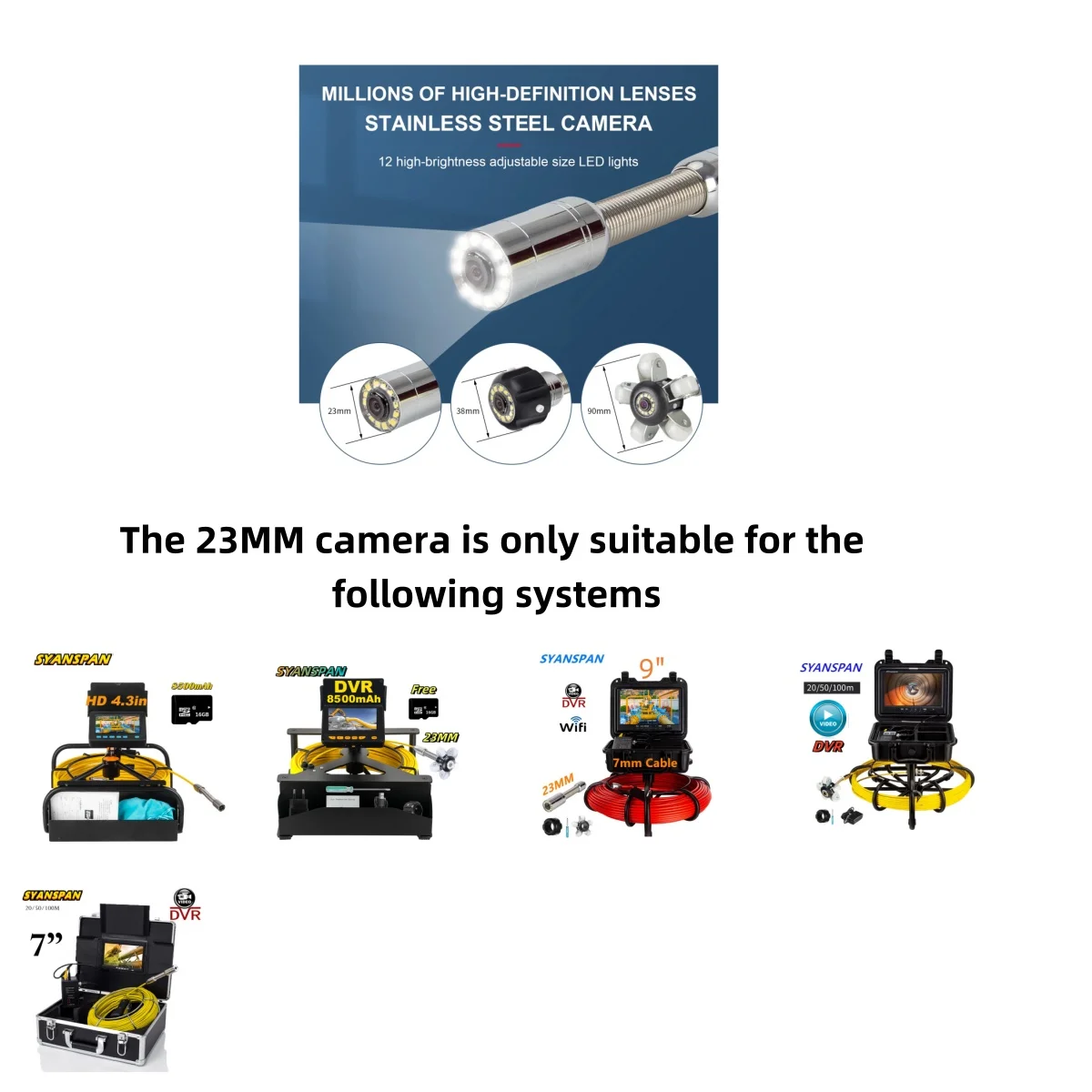 SYANSPAN 23mm Pipe Inspection Camera Accessories, Drain Pipeline Industrial Endoscope Camera 12 LED Single Lens Without Pulley