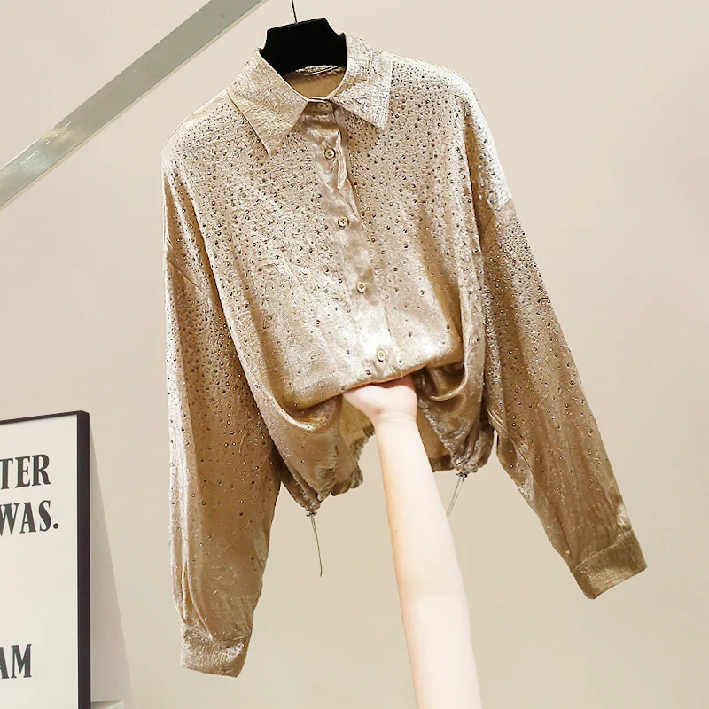 

Элегантный топ с длинными рукавами, блестками и тяжелой отделкой, свободного кроя, универсальный, для повседневной носки, с воротником, из триацетатного волокна