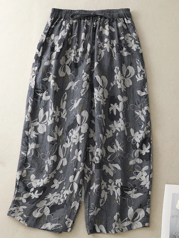 بنطلون واسع الساق من الكتان المطبوع بتصميم عتيق للنساء صيف 2025 جديد بخصر عالٍ ونحيف وفضفاض لإخفاء العيوب بنطلون كاجوال #2