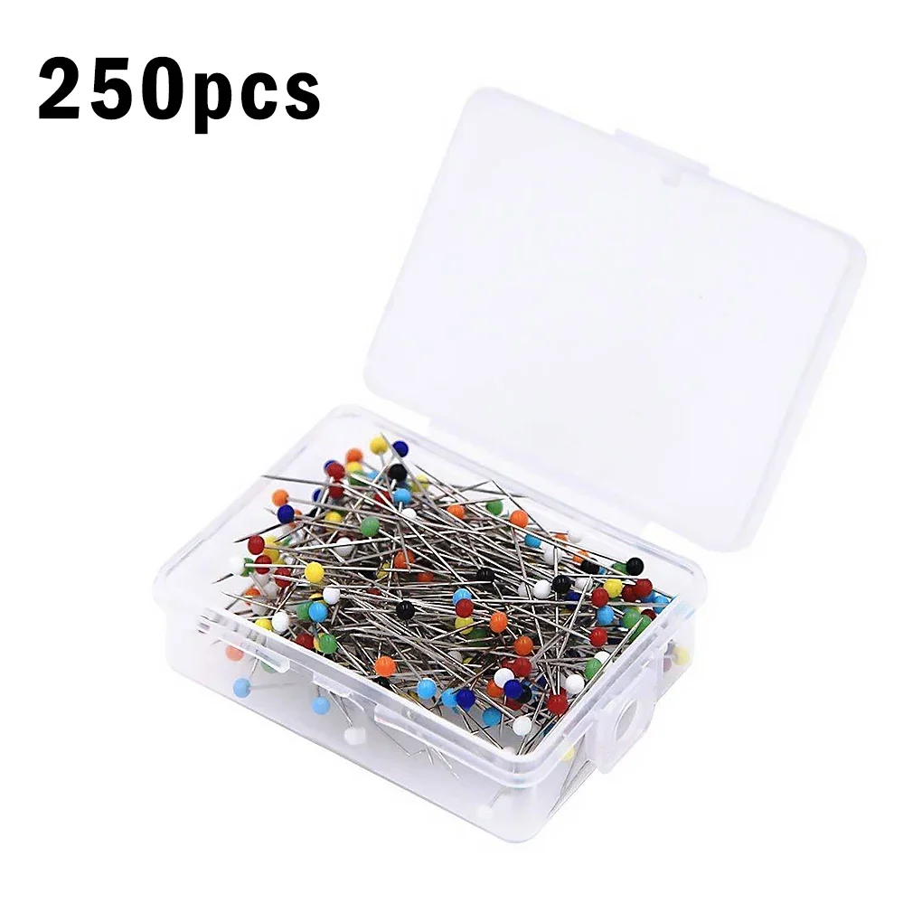 Portable 250PCS Round Pearl Head Pins Mixed Colors Straight Quilting Needles Sewing Crafts Pins With Box