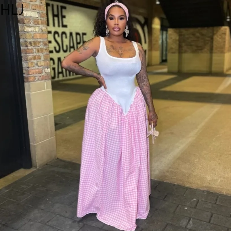 HLJ Fashion Plaid Patchwork Bodycon Long Dress for Woman Solid Color Sleeveless Tank Maxi Dress Female Streetwear Vestidos New