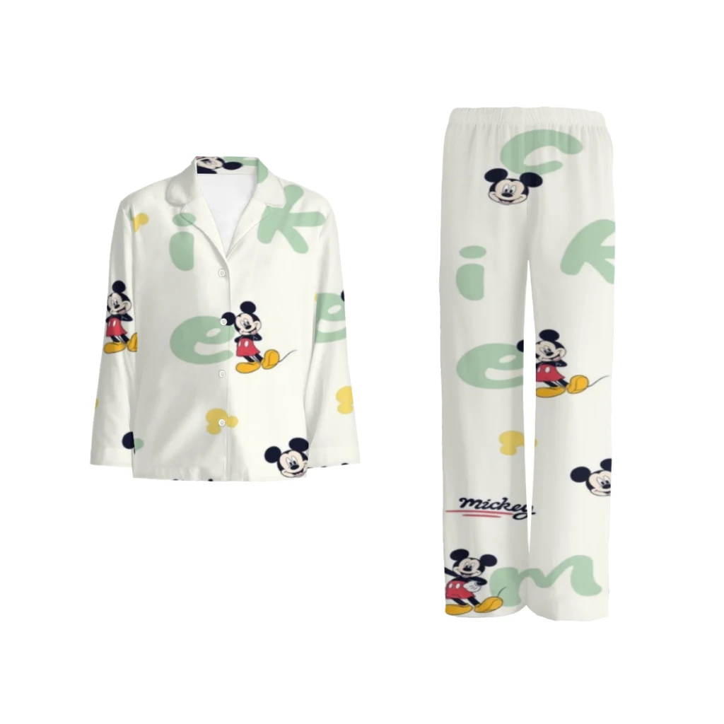 Conjunto de pijamas de algodón de Mickey Mouse de Disney para hombres y mujeres, pijamas casuales con estampado de muñecos de fresa de manga largaDisney Mickey Mouse