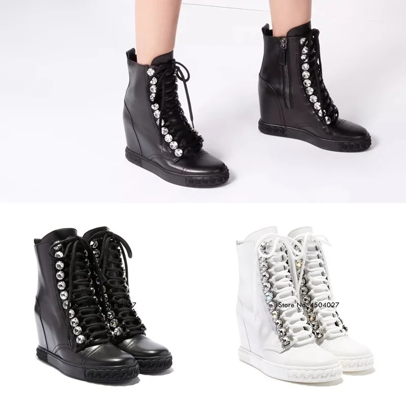 White Black Women's Leather Ankle Boots Crystal Platform Lace-up High Boot Hidden Height Increasing Diamond Luxury Shoes