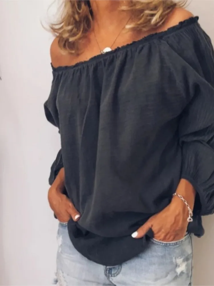Spring Summer Off-shoulder Long Sleeved Solid Color Blouse Loose Top Women\'s Shirt New Elegant Casual Tops 2024