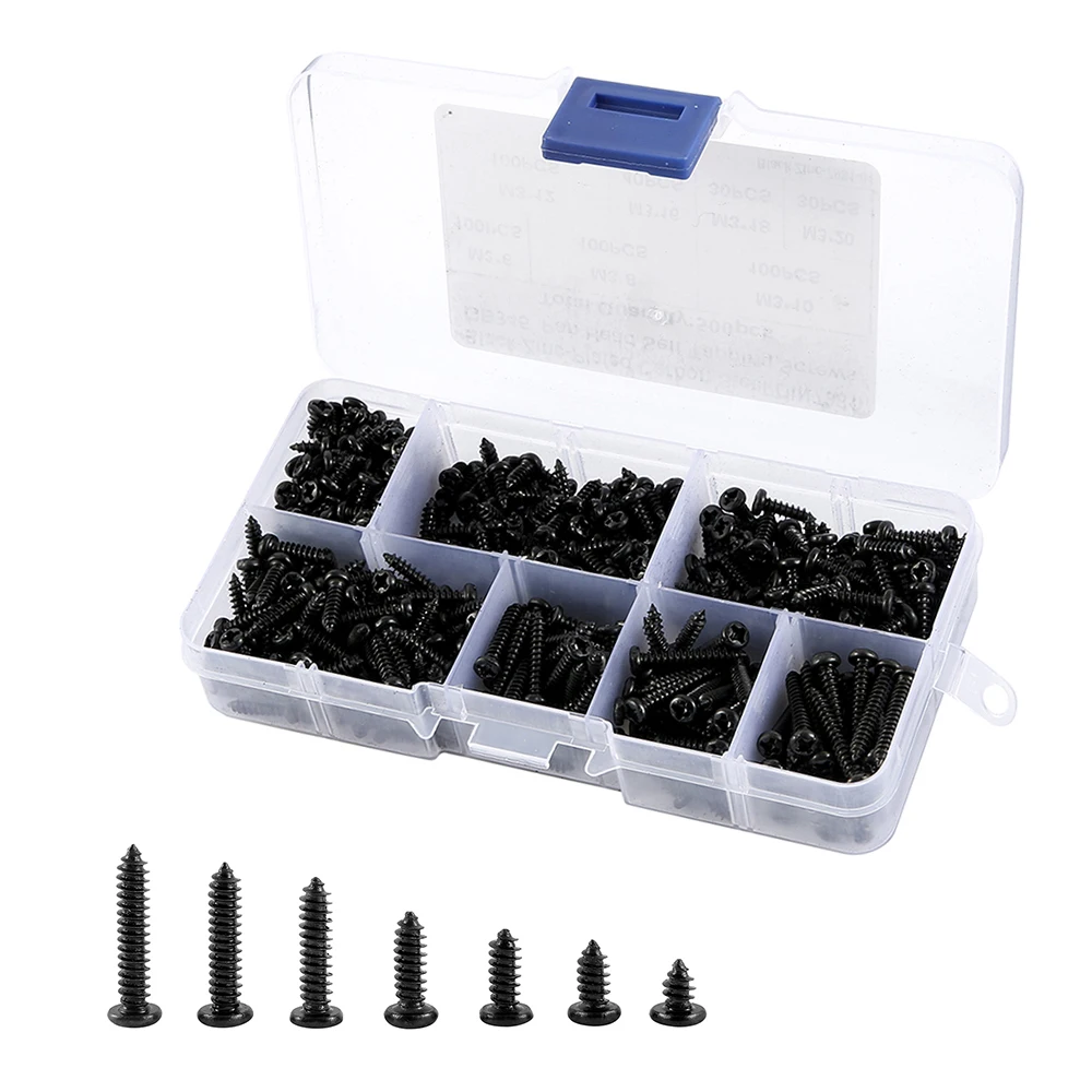 500pcs M3 Screws Black Self Tapping Screws Pan Head Cross Self Drilling Wood Screw Assortment Kit 6/8/10/12/16/18/20mm Carbon