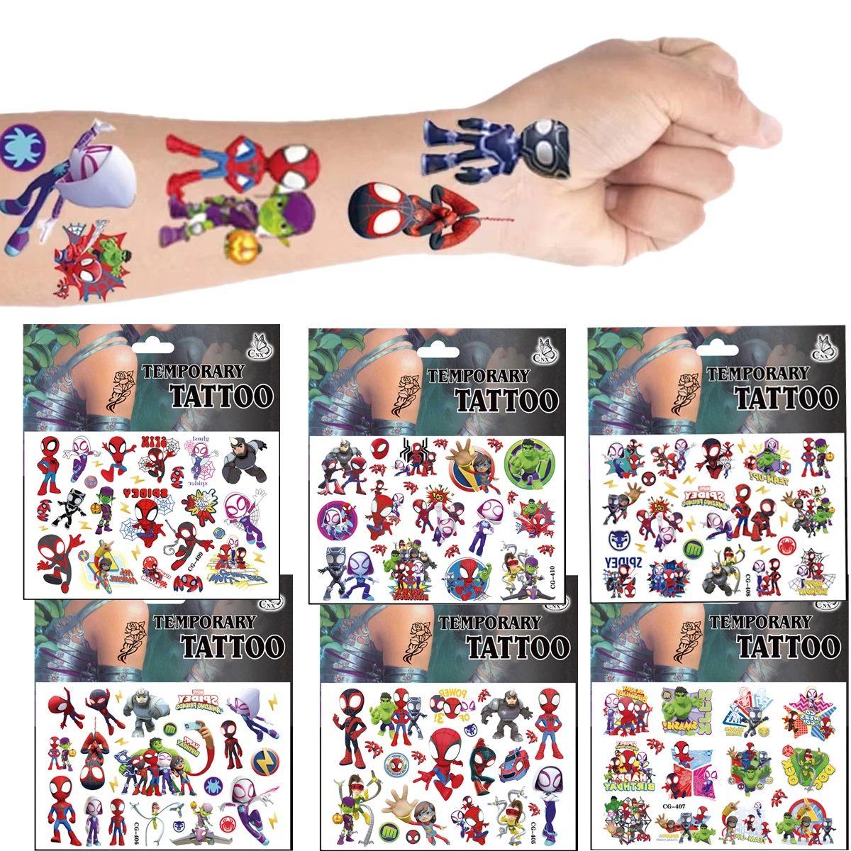 سبايدي وأصدقائه المذهلين ملصقات الوشم سبايدرمان موضوع حفلة عيد ميلاد تفضل جودي حقيبة الحشو DIY عصا ديكور المنزل