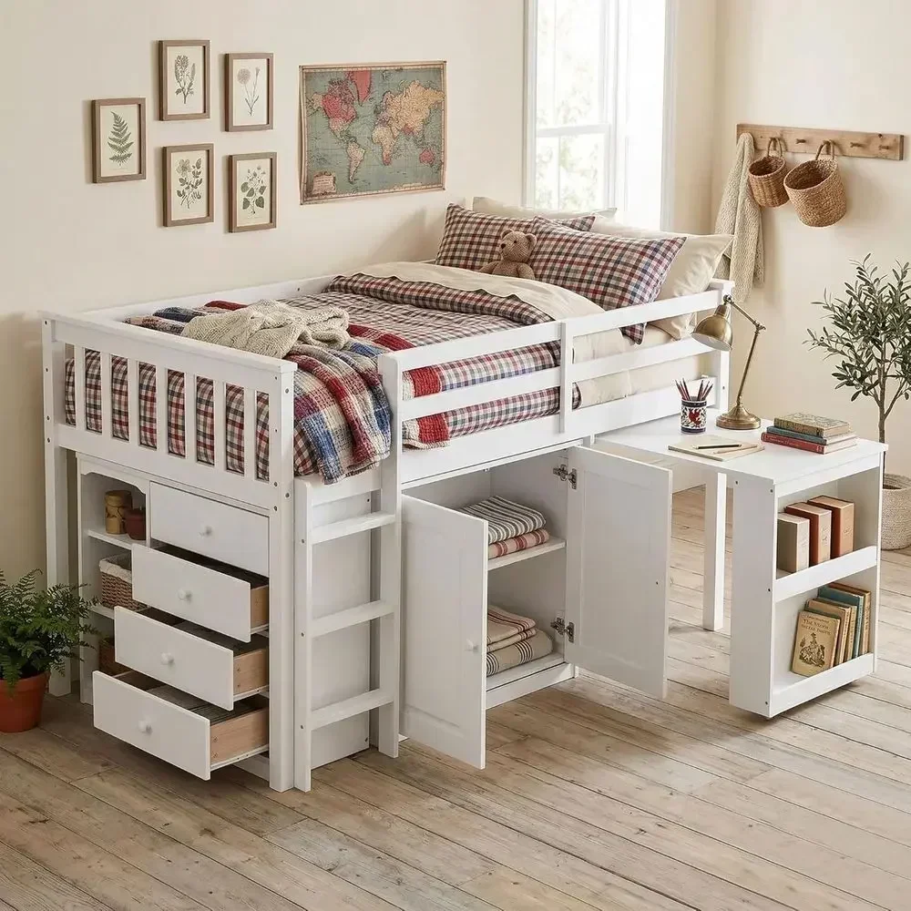 Twin Size All-in-One Solid Wood Loft Bed with Desk, Wardrobe, Drawers, Ladder, and Guardrails, 400lbs Weight Capacity, White