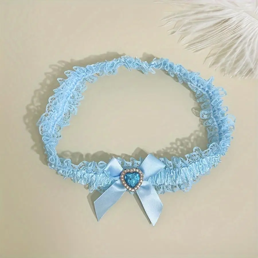 1/5/10/20/50/100pcs Blue Lace Elegant Wedding Garter with Rhinestone Heart Decoration and Bow – Bridal Leg Accessory for Wedding