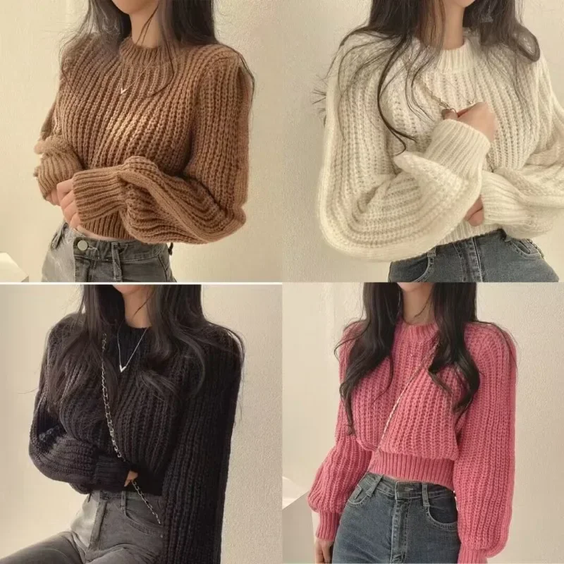 Korean Style Puff Long Sleeve Short Sweater Autumn Winter O-neck Solid Women\'s Clothes Fashion Loose Pullover Knitted Tops 28813