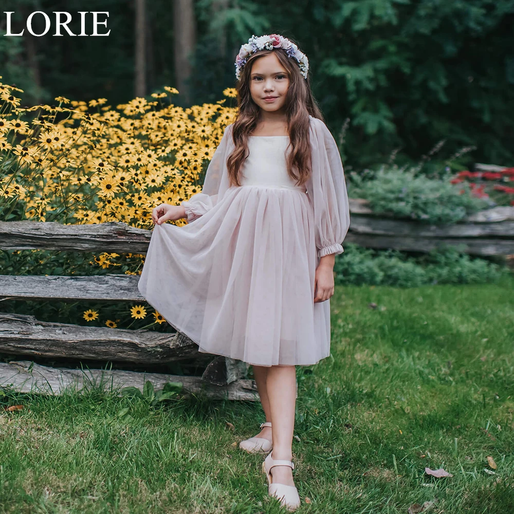 LORIE Chic Nude Pink Flower Girl Dresses A-Line Square Neck Bow Backless Long Puff Sleeves Knee Length Birthday Dress Customized