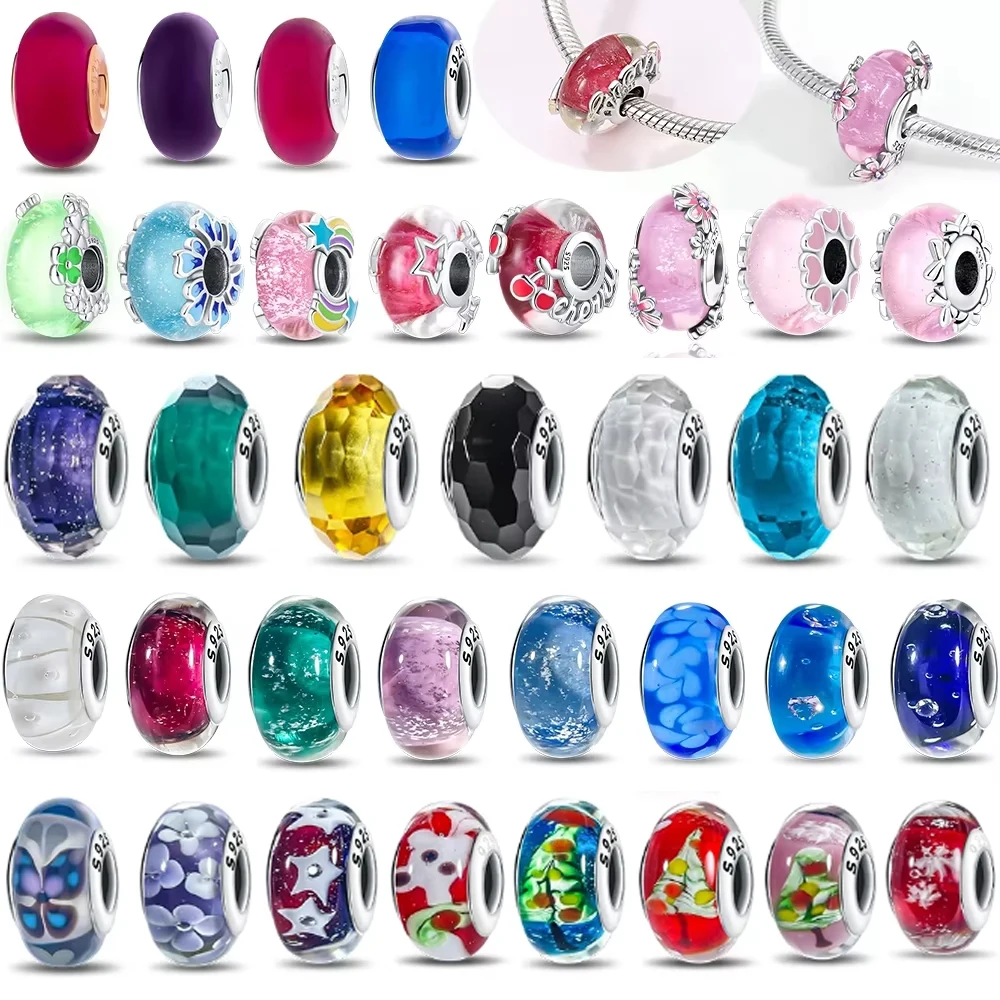

925 Silver Bracelet Women Diy Jewelry Gift Accessories Charms Beads Original Pink Murano Glass Blue Flower Butterfly Beads