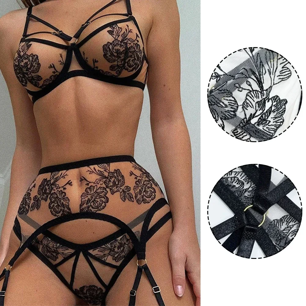 

Women See Through Bra Set Ladies Sexy Lingerie Flroal Black Bra Thong Garters Set Exotic Underwear 2025