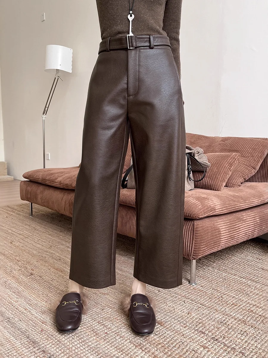 

Winter Vintage Wide Leg Leather Pants Women's Casual Loose Fit Matte Wrinkle Surface Eco-friendly Leather Trousers