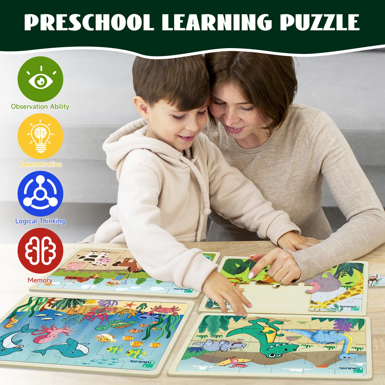 TUNJILOOL Wooden Puzzle Baby Cartoon Animals Dinosaurs Ocean Wood  Jigsaw Puzzle Early Learning Educational Toys For Children