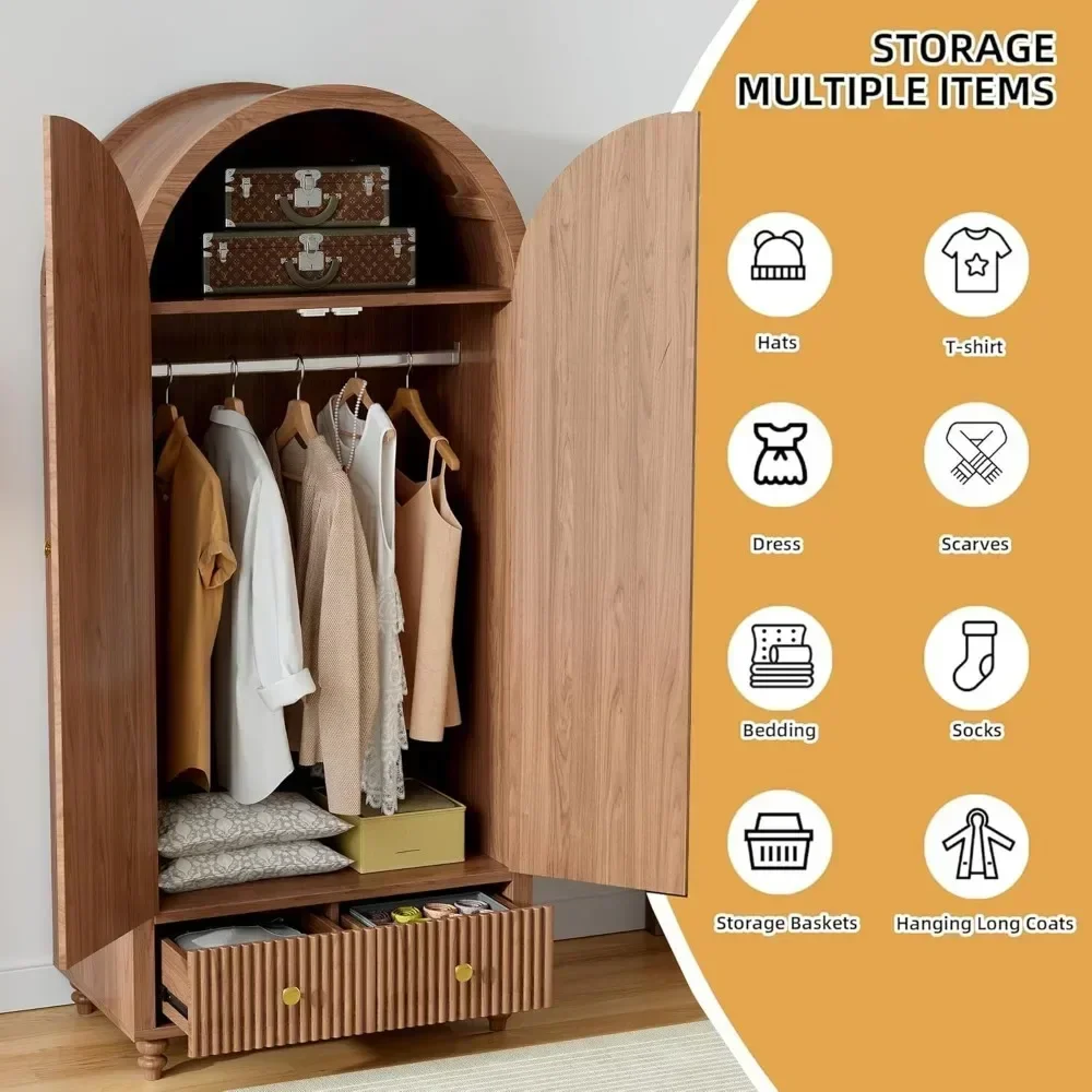 YQXH Mid-Century Arched Wooden Wardrobe, Modern Stylish Storage Cabinet, Bedroom Freestanding Closet Organizer