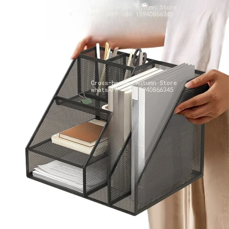 Desk Organizer with File Holder, Desk Organizers with 3 Tier Letter Trays and 2 Pen Holders, Mesh Desk Accessories & Workspace