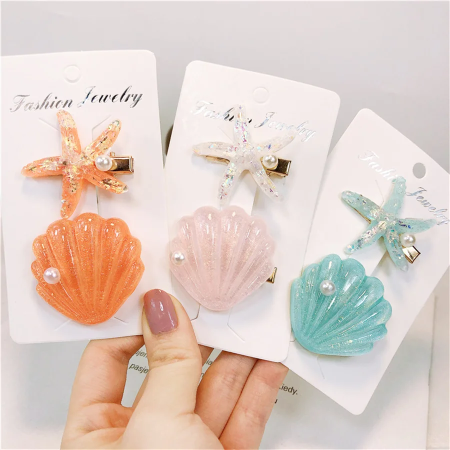 2Pcs/Set Girls Cute Shell Ornament Hair Clip Children Lovely Barrettes Ins Starfish Hairpins Korean Women Hair Accessories New