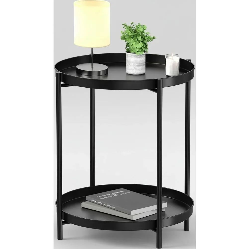 

2-Tier Metal End Table with Removable Tray - Waterproof Small Coffee Side Table for Living Room Bedroom Outdoor