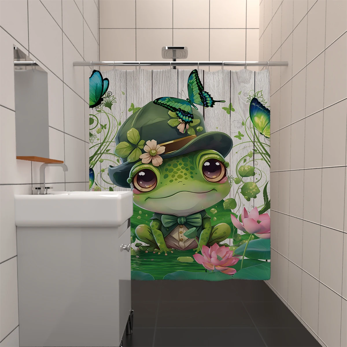 Rural Style Lotus Pond Frog Pattern Decor Fabric Bathroom Waterproof Shower Curtain With12 Pack Hooks