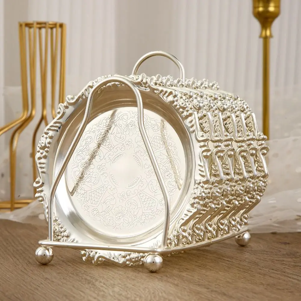 

European Style Iron Fruit Plate Set Exquisite Creative Coasters with Holder Portable Pastry Display Plate Home