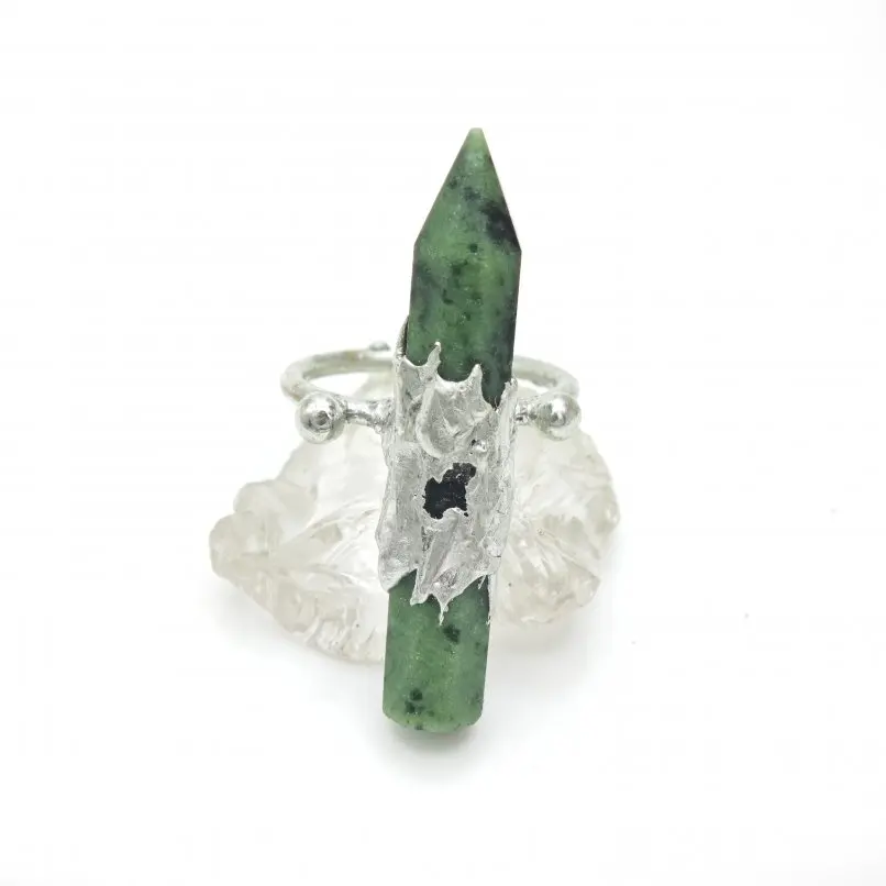10Pcs Soldered Semi-precious Stone Zoisite Ring Handmade Crystal Pillar Point Hexagon Hexagonal Prisms  Adjustable Jewelry