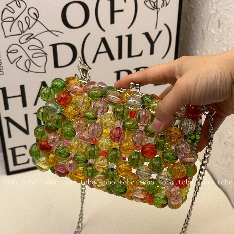 High Quality Homemade Beaded Handbags Portable Purse Shoudler Totes Transparent Coloful Ladies Bead Crossbody Bags for Women