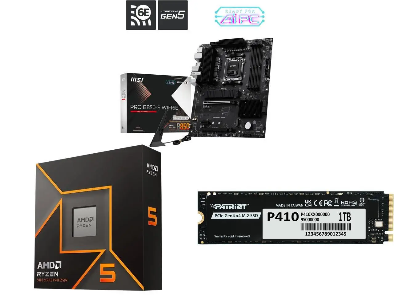 MSI PRO B850-S WIFI6E ATX Motherboard: AMD Ryzen 9000/8000/7000, AM5, DDR5 8200+ MT/s OC, PCIe 4.0 x16, M.2 Gen5, Wi-Fi 6E, 2.5G LAN. Ryzen 5 9600X 6-Core 3.9GHz, Radeon Graphics. Patriot P410 1TB SSD, 5000MB/s.