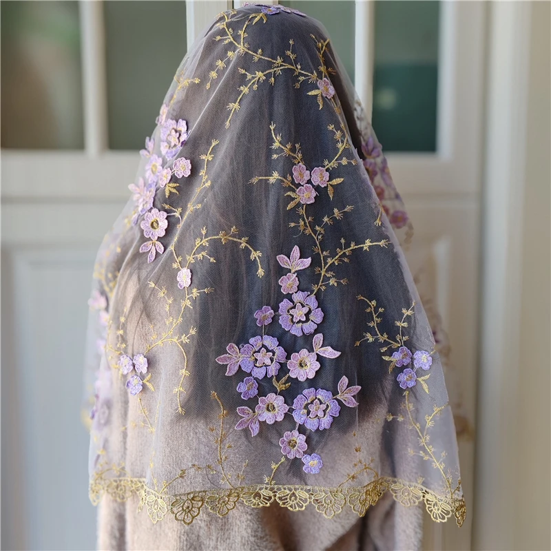 Purple Gold Embroidered Mantilla Veils Catholic Mass Chantilly Women Head Covering Cross Beading Trim D Shape Infinity Vintage