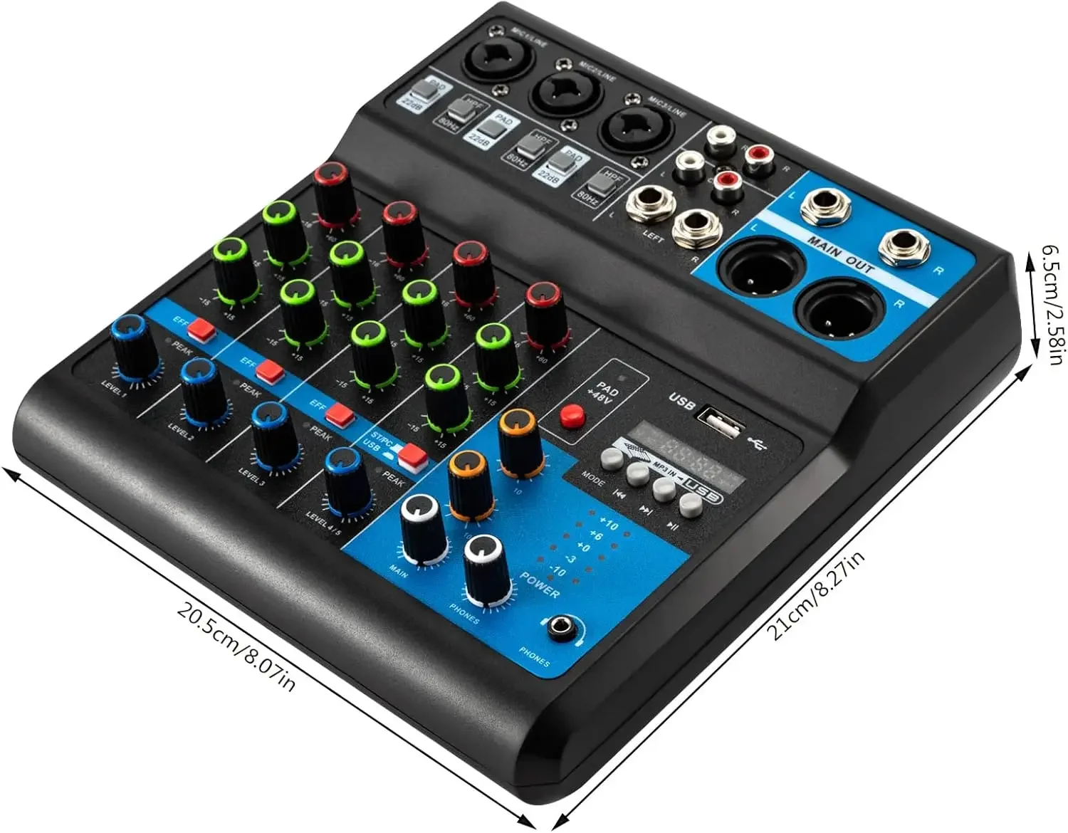 48 V professioneller 5-Kanal-DJ-Audiomischer, Phantom Power-Audiomischer, kompatibel mit PC/MP3/Kondensatormikrofon/Live-Streaming