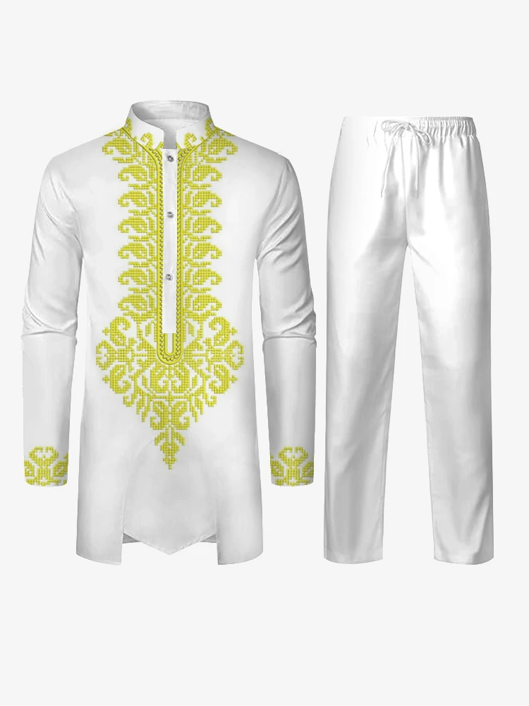 New Muslim Robe & African Suit Suit Men\'s Long Sleeve Long Pants Gold Classic with 2-Piece Special Print Multicolor Match