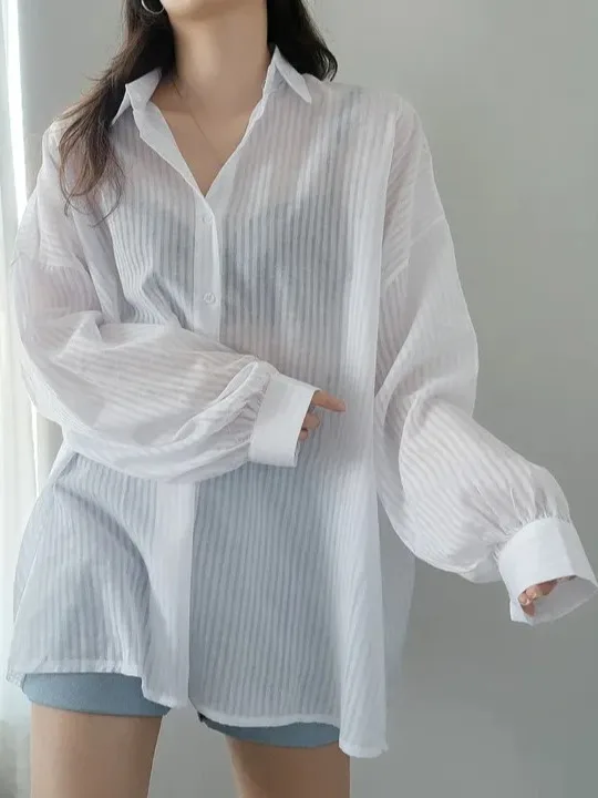 White Striped Women's Summer Lightweight Sun Protection irt Cardigan Design Lazy Sle Cotton Long Sve Button up Coat