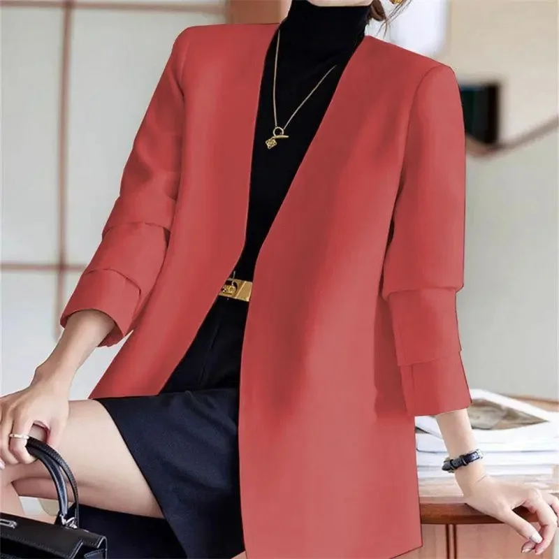 

Spring Femme Solid Color Tops Coat Autumn Lady Fashion Long Sleeve Blazer Jacket Retro Women V-neck Casual Cardigan Suit Outwear
