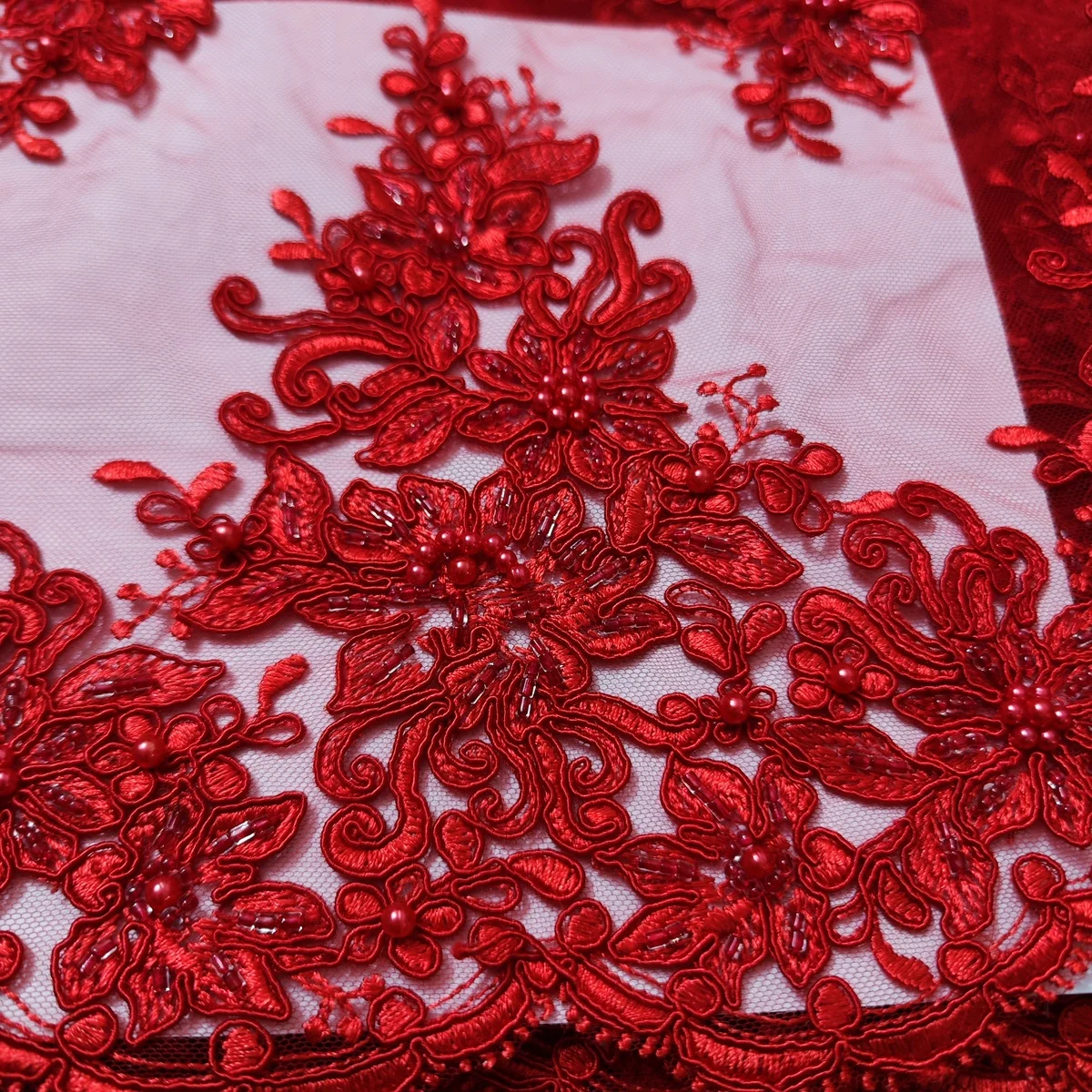 Luxury Handmade Beads Red French Tulle Lace Fabric Sequins Embroidery African Nigerian Lace Fabric For Evening Dress KWH23108