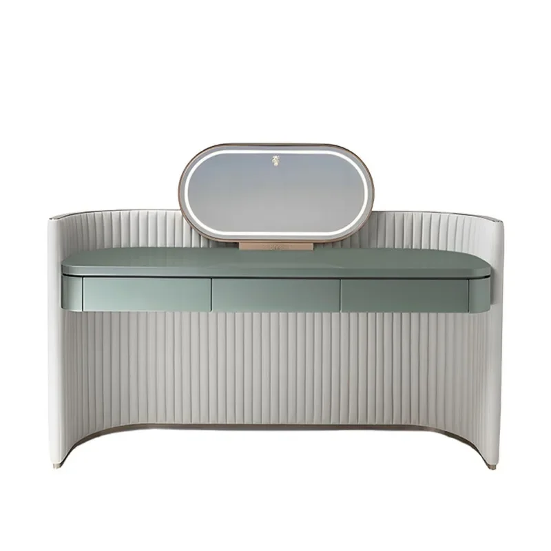 

Italian light luxury, dressing table leather art villa, designer model with makeup mirror, solid wood makeup table