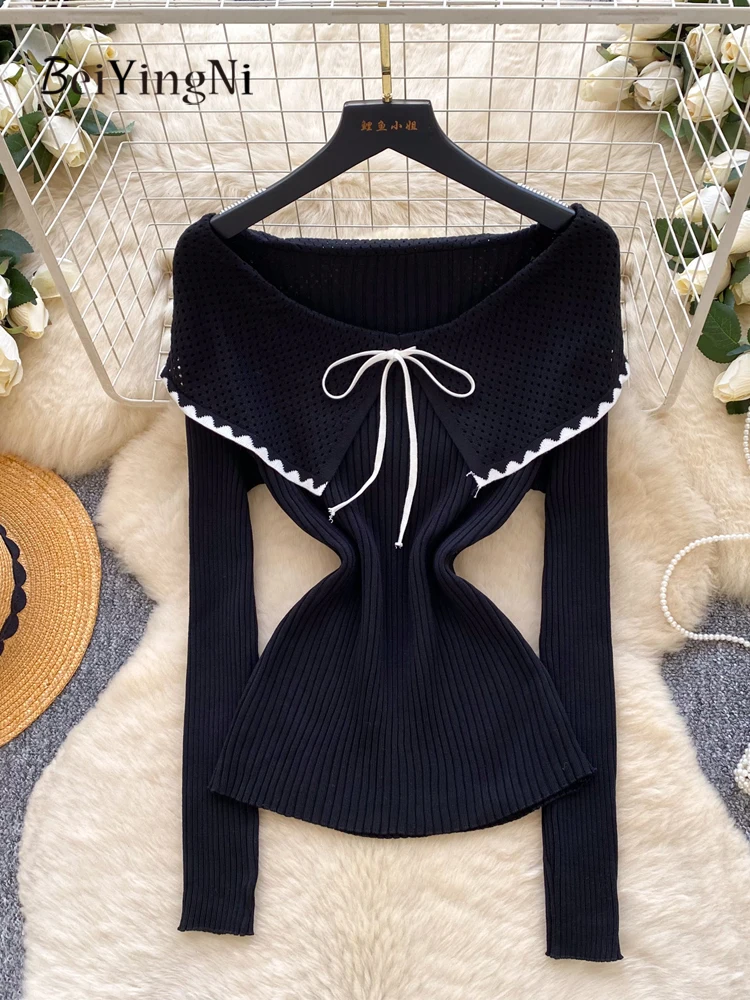 

Beiyingni Vintage Casual Off Shoulder Sweaters for Women Bow Simple Skinny Full Sleeve Knitting Tops White Slash Neck Jumpers