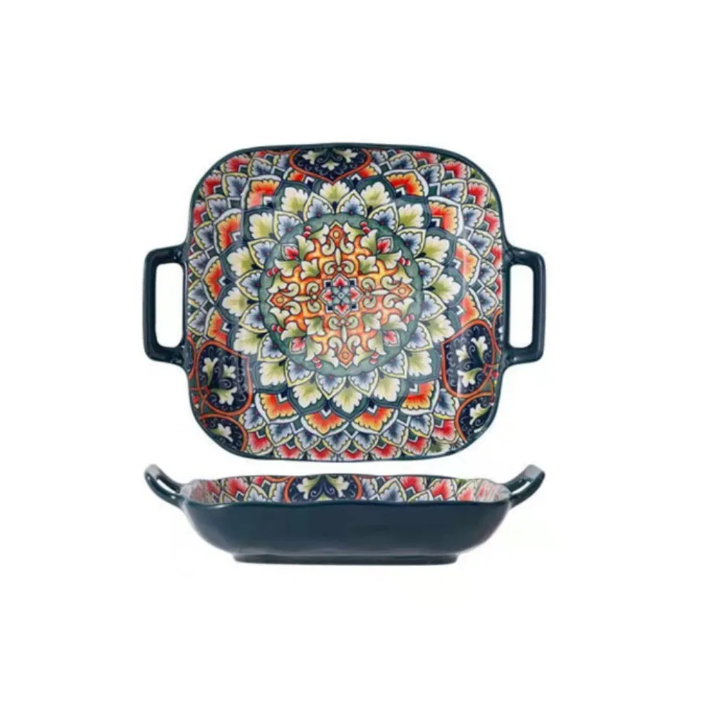 

Tableware Binaural Handle Bohemian Ceramic Plate Colorful Square Dinner Plate Retro Salad Dish Oven