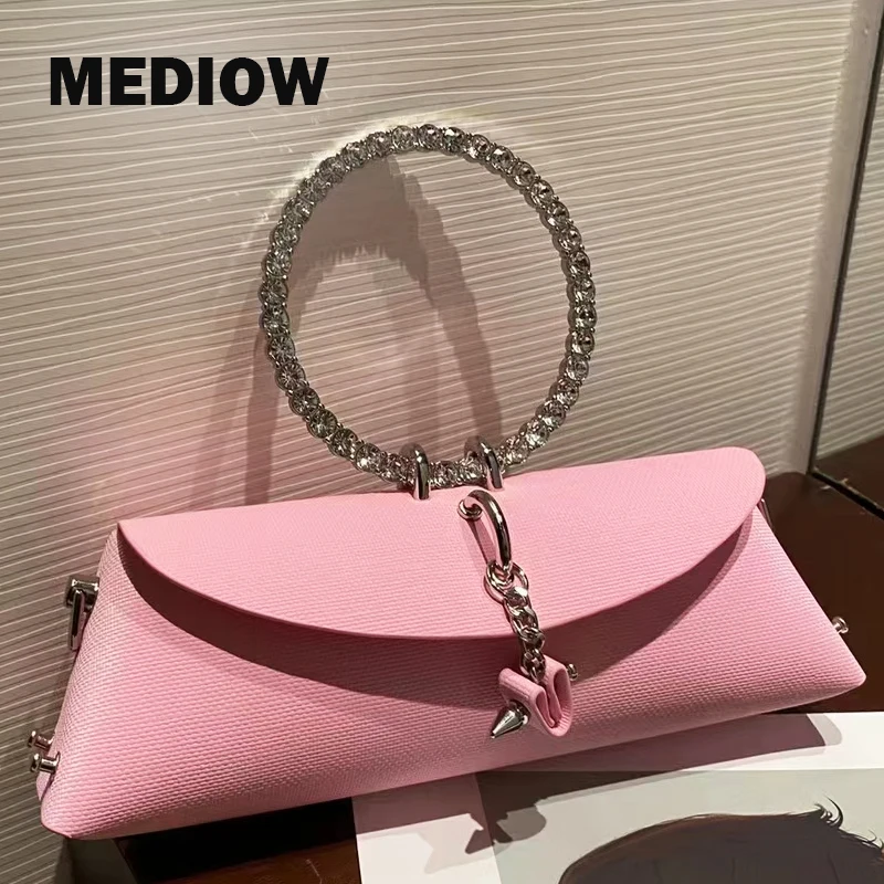 

MEDIOW Evening Bags For Women Luxury Designer Handbags 2023 New In PU Metal Ring Handle Mosaic Imitation Diamond Wrist Twist Bag