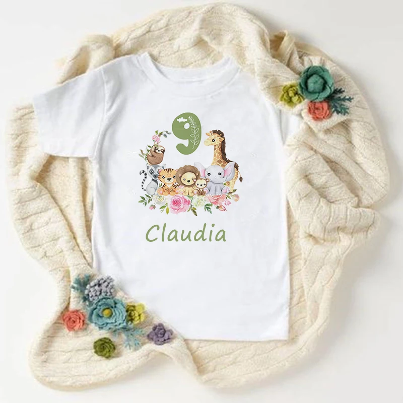 Personalized Birthday Shirt 1-9 Birthday T-Shirt Wild Tee Girls Boys Party T Shirt Cute Animal with Name Clothes Kids Gifts Tops