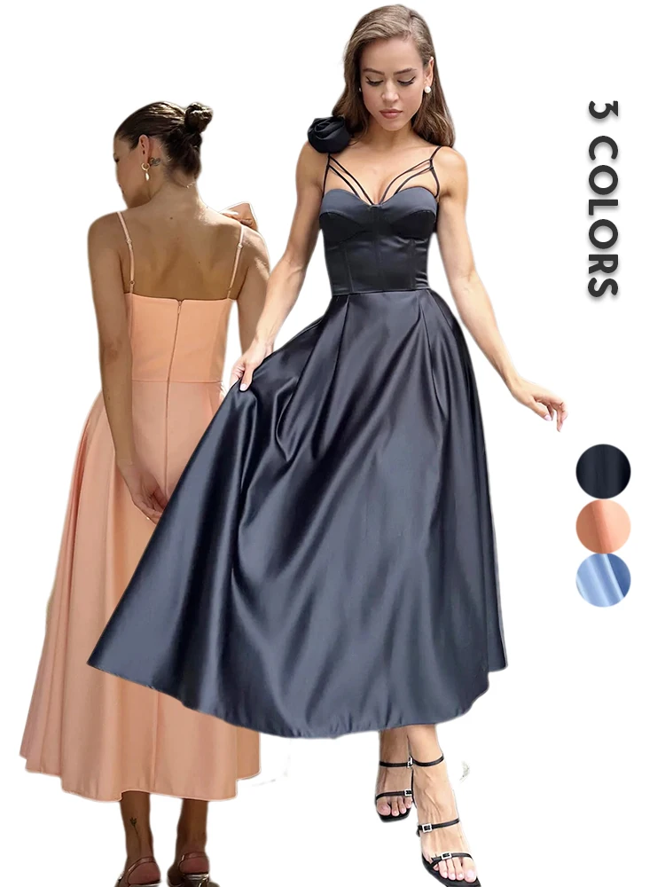 

Summer Solid Spaghetti Straps Prom Dress 3D Flower Hem Long Female Dresses 2024 Elegant Party Evening Gowns A-line Maxi Vestidos