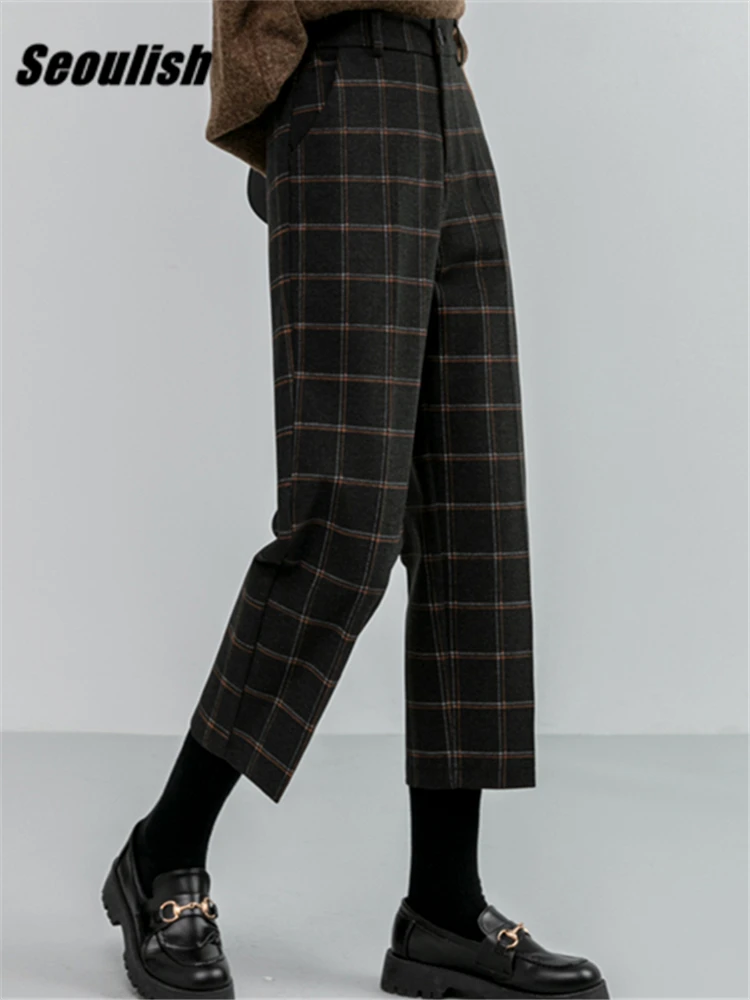 Seoulish 2022 New Autumn Winter Woolen Plaid Women Formal Straight Pants High Waist Ankle-Length Chic Loose Ladies Pants Pocket