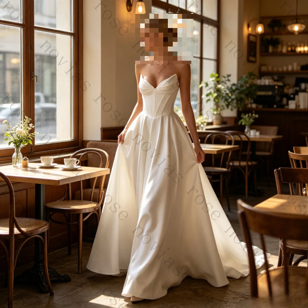 Customized Sweetheart Corset Satin A Line Wedding Dress Pleated Bodice Long Train Elopement Bridal Gown Custom Bride Dress