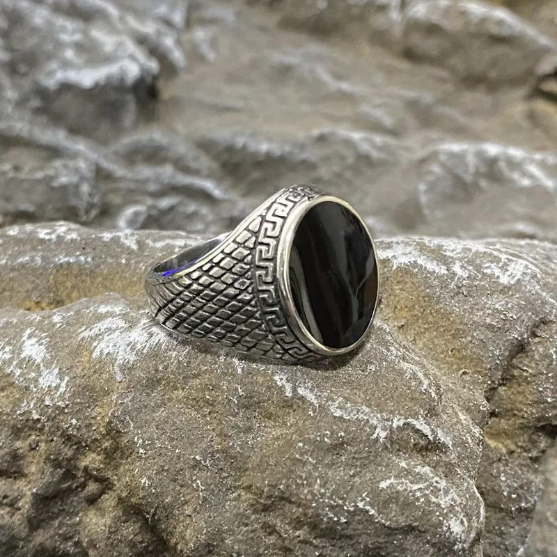 Classic Oval Weave Geometric Stainless Steel Rings Black Epoxy Gothic Mens Ring Jewelry Fashion Metal Party Vintage Wholesale