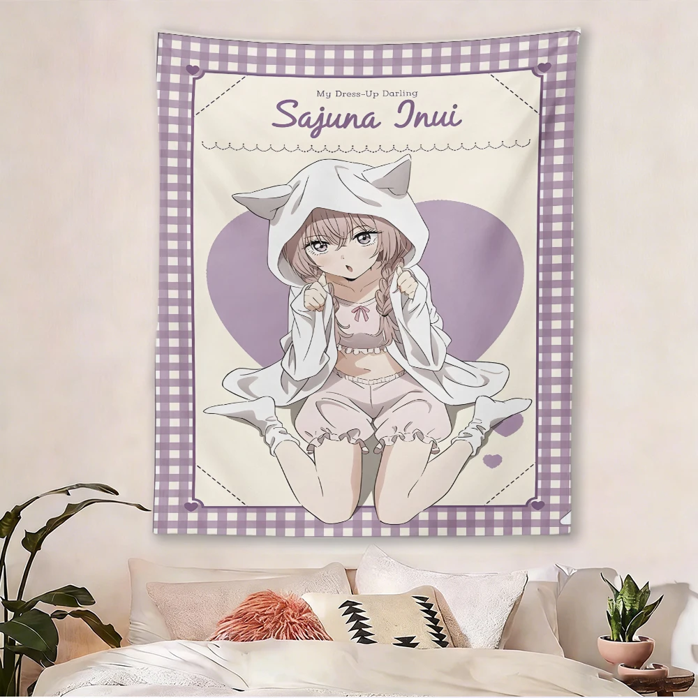 My Dress-Up Darling Sajuna Inui Cat Ear Hoodie Tapestry, Purple Checkered Coquette Wall Hanging, Cute Anime Decor for Bedroom,