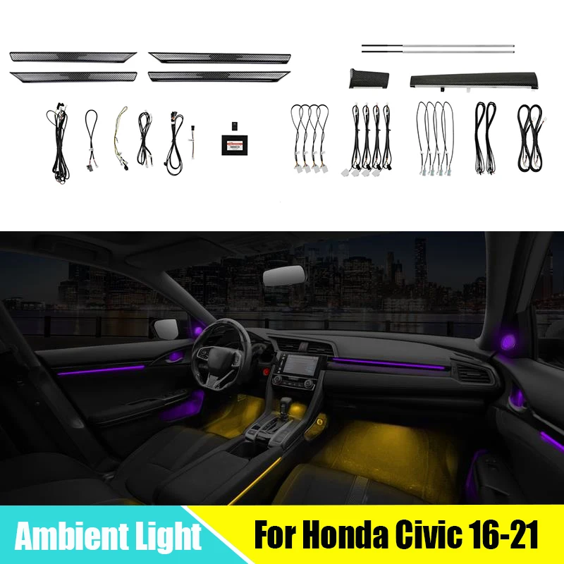 64 Colors Ambient Light For Honda Civic 2016-2021 Car interior LED Atmosphere Lamp illuminated Strip