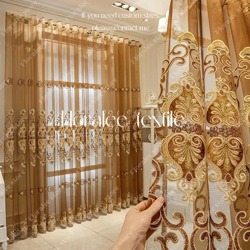 

High-end European Sheer Curtains for Living Room Villa Elegant Balcony Partition Window Customized Embroidered Tulle Gauze