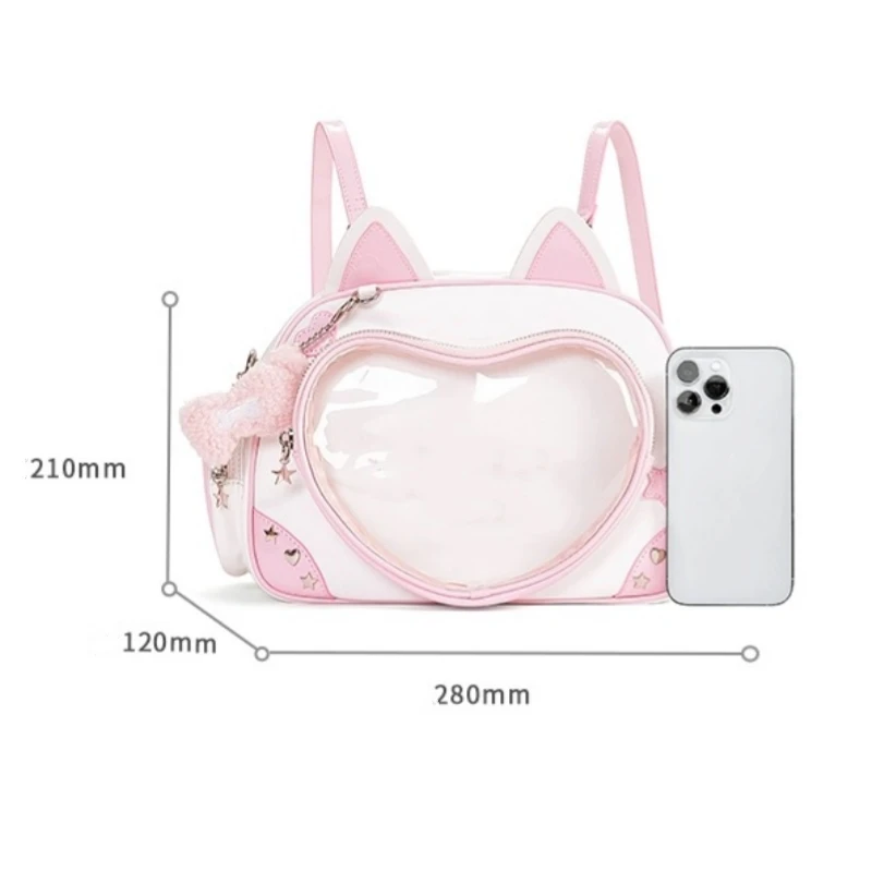 Kawaii Y2K Ita Bag Cat Backpack – Foldable, Adjustable Strap Crossbody Bag, Transparent Pocket, Preppy Style High Schoolbag