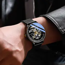 SOLLEN Men's Fully Automatic Mechanical Watch, Men's Watch, Curved Hollow Mesh Belt Style, Trendy Night Light Watch